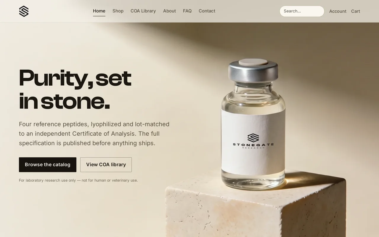 The Stonegate Research demo storefront: a vial on a travertine block beside the headline Purity, set in stone.